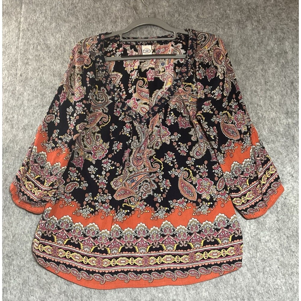Bila Shirt Womens Medium Geometric Flowy Boho Coastal Cottage Peasant Top Casual